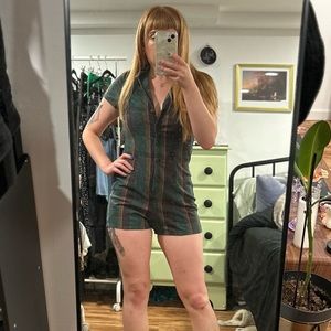 Green and orange plaid collared button up romper, size XS